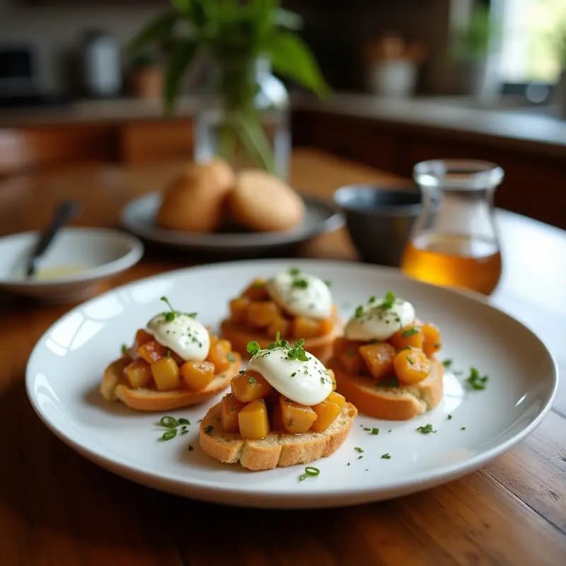 Bruschettas de higo y queso de burrata sobre pan ciabatta tostado, con reducción de miel dorada, almendras laminadas y un hilo de vinagre balsámico. Plato elegante y gourmet con colores cálidos y texturas contrastadas.