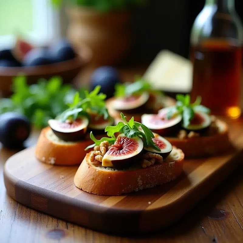 Bruschettas de higo y gorgonzola con miel de trufa sobre tabla de madera rústica. Pan tostado dorado con queso azul cremoso, higos frescos en cuartos, nueces picadas, rúcula y chorrito de miel oscura. Aperitivo italiano gourmet con contraste dulce-salado.