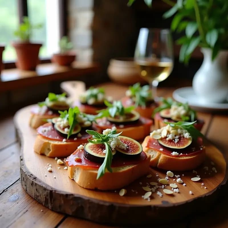 Bruschettas de pan integral tostado con láminas doradas de berenjena ahumada, higos frescos macerados en vinagre balsámico y miel, queso pecorino rallado, rúcula baby y almendras fileteadas, servidas en una tabla de madera rústica.