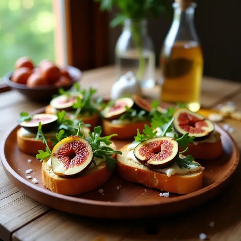 Bruschettas de pan sin gluten tostado con láminas de queso de burro, cuartos de higo fresco, rúcula y un hilo de vinagreta de módena y miel, decoradas con almendras fileteadas sobre un plato de madera rústico.