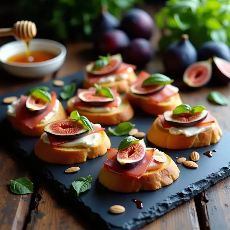 Bruschettas de pan integral tostado con queso de cabra cremoso, láminas de jamón serrano, higos frescos abiertos en forma de flor, rúcula, nueces pecanas y reducción de miel y vinagre balsámico, servidas en una tabla de madera rústica.