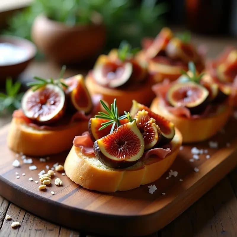 Bruschettas de pan rústico tostado con láminas doradas de prosciutto de hongos shiitake, higos caramelizados con romero y reducción de vinagre balsámico, decoradas con nueces picadas y sal en escamas. Receta italiana gourmet sin carne.