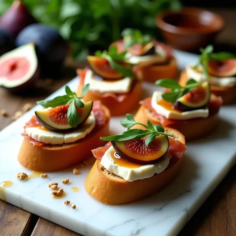 Bruschettas de higos y prosciutto con queso brie sobre pan tostado, decoradas con rúcula, miel de trufa, vinagre balsámico y nueces picadas. Plato gourmet italiano con contraste de sabores dulce-salado.
