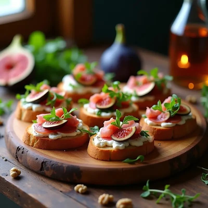 Bruschettas gourmet de higuera negra y jamón serrano sobre pan ciabatta tostado, decoradas con queso de cabra desmenuzado, rúcula, almendras tostadas y un hilo de miel de romero, aperitivo italiano elegante.