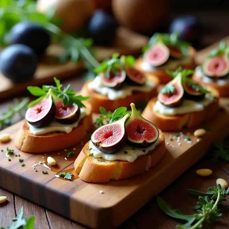 Bruschettas de higueras y queso de cabra con miel sobre pan ciabatta tostado, decoradas con nueces picadas, rúcula y un hilo de miel dorada. Plato gourmet italiano con contrastes de texturas y colores vibrantes.