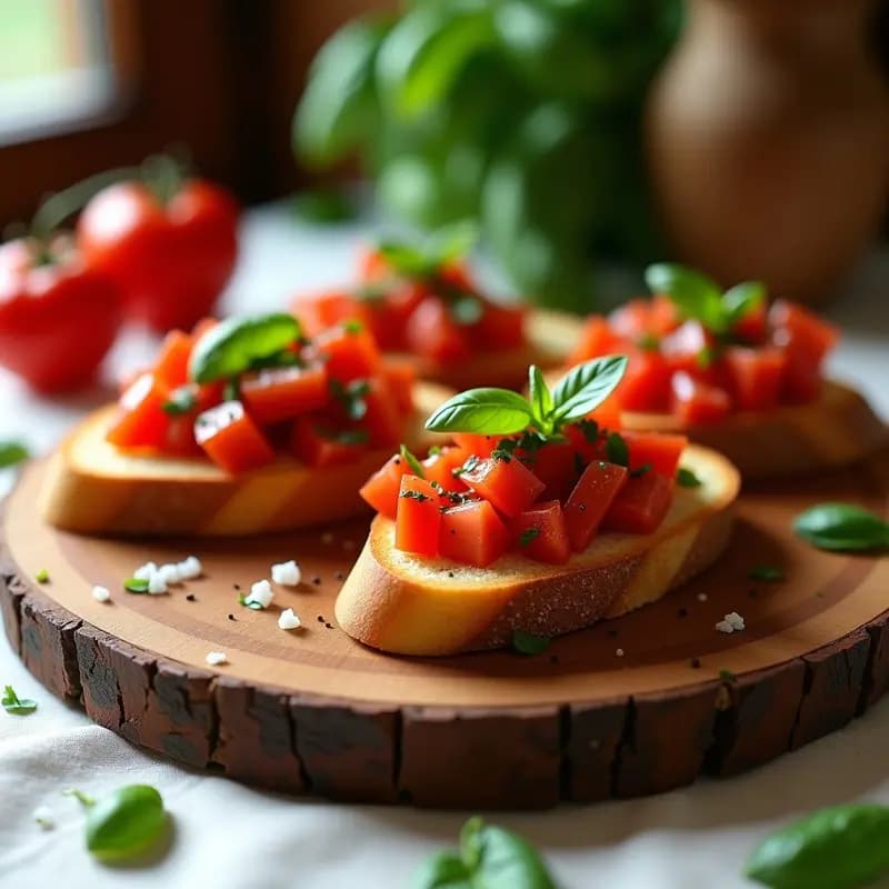 Plato de bruschettas italianas con rebanadas de pan de centeno tostado, cubiertas con una mezcla fresca de tomate picado, albahaca fresca y un toque de ajo, todo servido sobre una tabla de madera rústica.