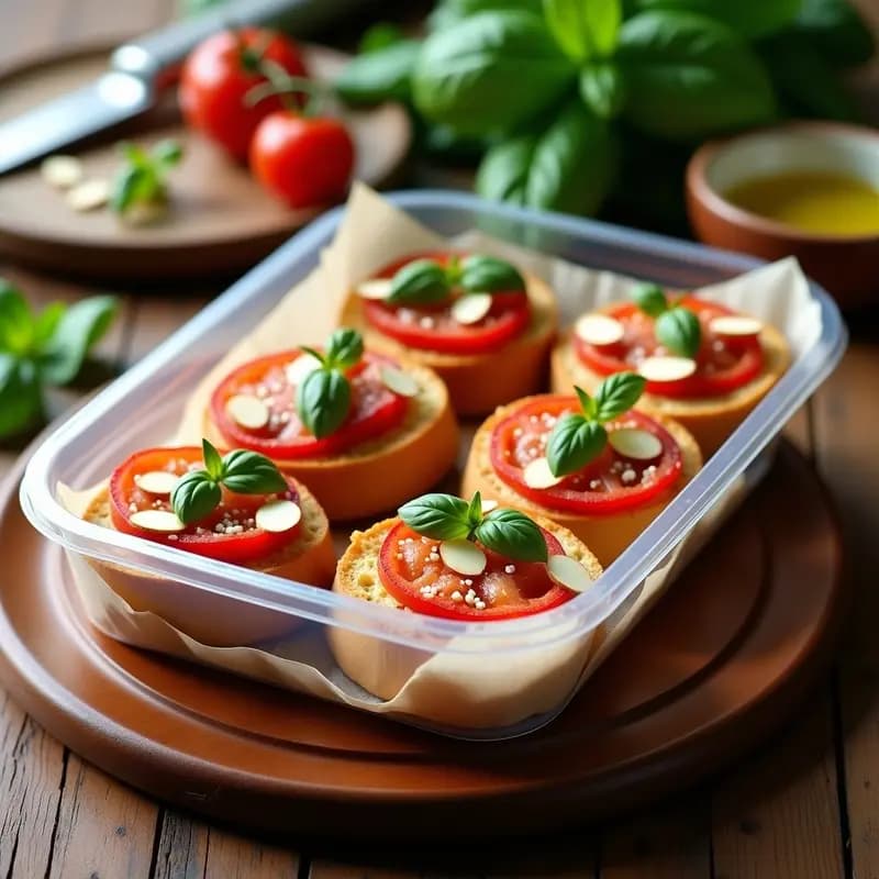 Bruschettas de pan de ajo dorado y crujiente con tomates secos en tiras, albahaca fresca picada y un hilo de vinagre balsámico, servidas en una tabla de madera rústica para tupper.