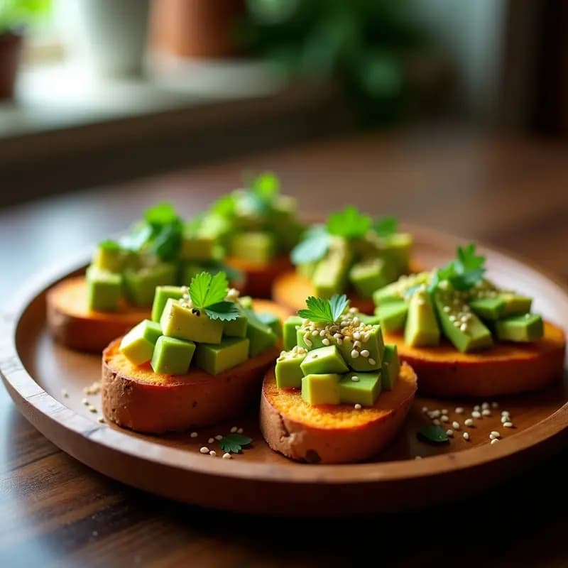 Bruschettas de pan de batata tostado dorado con crema de aguacate verde brillante, decoradas con hojas de cilantro, semillas de sésamo y un hilo de vinagreta amarilla de limón yuzu sobre un plato de madera rústica.