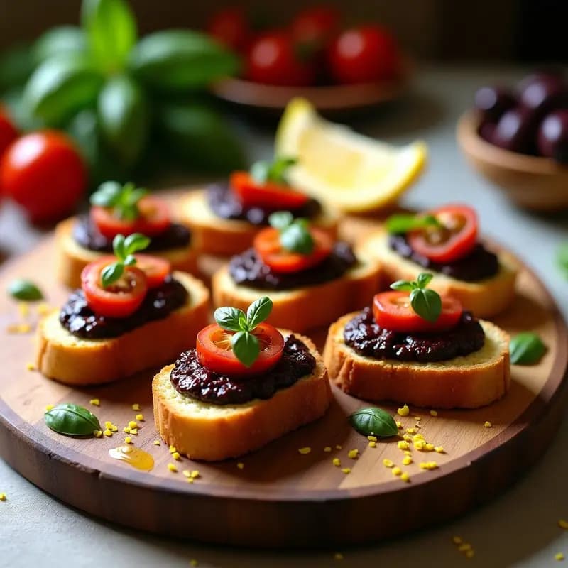 Bruschettas de pan de calabacín dorado con paté de aceitunas kalamata, decoradas con tomates cherry y albahaca fresca sobre una tabla de madera rústica. Aperitivo griego sin gluten y crujiente.
