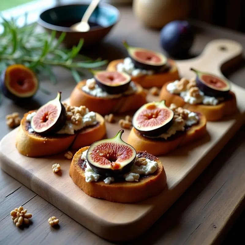 Bruschettas de pan de centeno tostado con crema de burrata sedosa, higos asados caramelizados y nueces picadas, decoradas con reducción de vinagre balsámico y miel, aperitivo italiano gourmet sobre tabla de madera rústica.