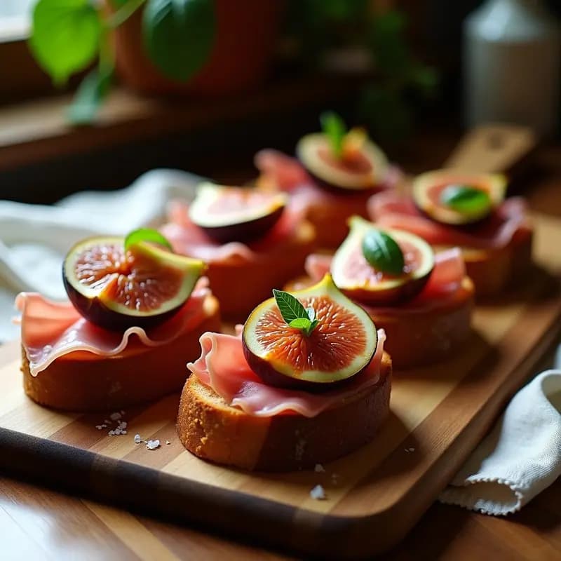 Bruschettas de pan de centeno tostado con láminas de prosciutto de Parma, cuartos de higos frescos maduros, rúcula baby, almendras fileteadas tostadas y reducción brillante de vinagre balsámico y miel, servidas en tabla de madera rústica con fondo borroso.