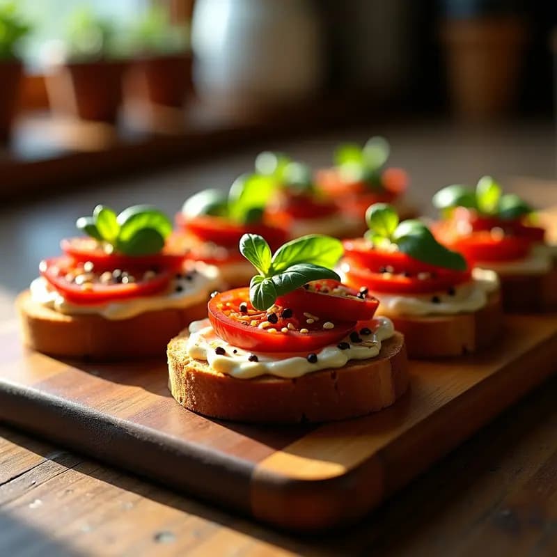 Bruschettas de Pan de Centeno con Tomates Ahumados y Queso de Almendras: Entrante Italiano Sin Lactosa