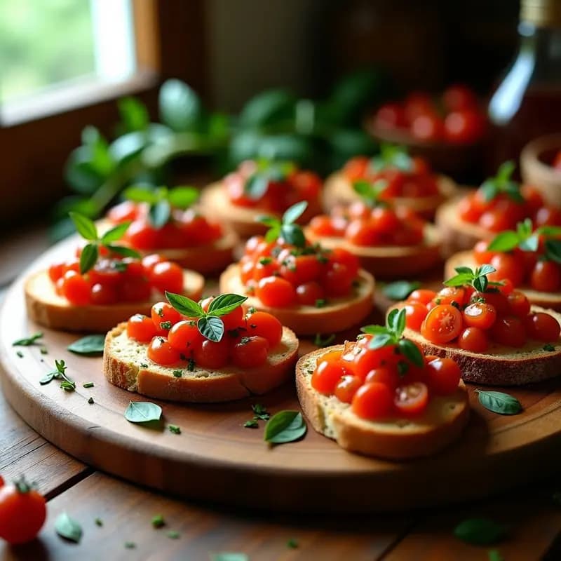 Bruschettas de pan integral tostado con tomate fresco macerado, albahaca picada y un hilo de aceite de oliva virgen extra sobre una tabla de madera rústica, receta italiana rápida y vegetariana.