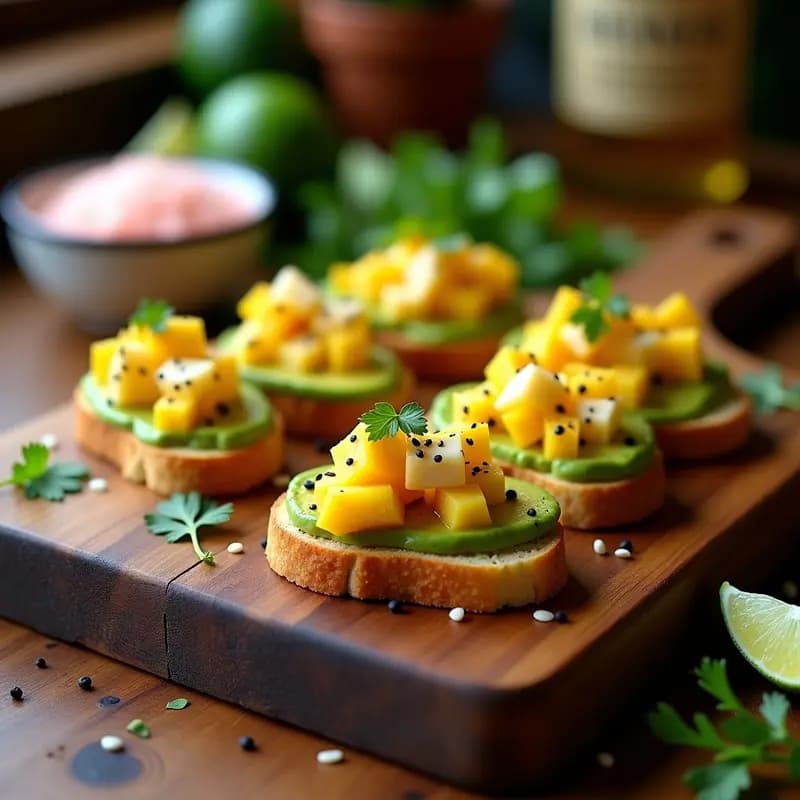 Bruschettas de pan de maíz dorado tostado con crema de aguacate verde, ceviche de mango amarillo y corvina blanca, decoradas con semillas de sésamo y microcilantro sobre una tabla de madera rústica.