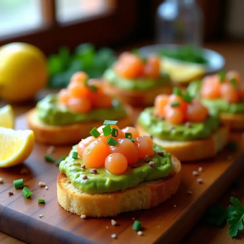 Bruschettas de pan de maíz tostado con crema de aguacate verde brillante, coronadas por huevas de trucha naranjas y decoradas con cilantro fresco, sobre una tabla de madera rústica con fondo desenfocado.