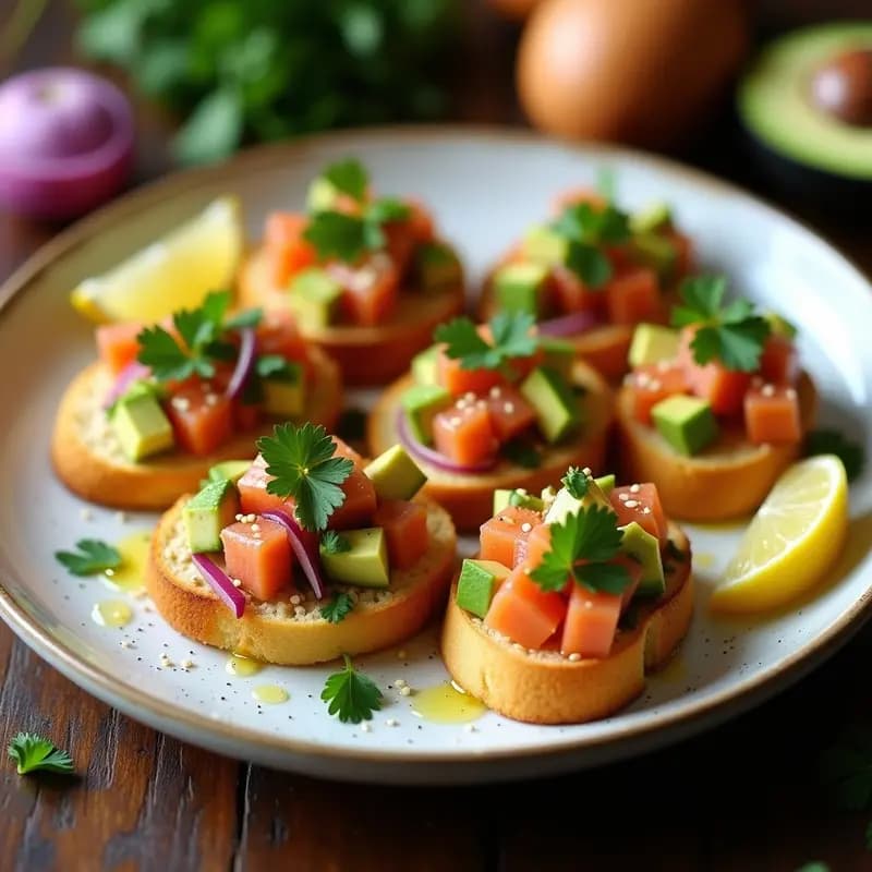Bruschettas de pan de maíz dorado tostado con ceviche de salmón ahumado en cubos, aguacate cremoso, semillas de sésamo y cilantro fresco, servidas en una tabla de madera rústica con fondo borroso.