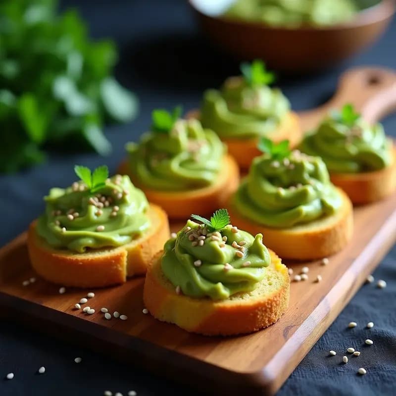 Bruschettas de pan de maíz dorado con guacamole cremoso de pisos, decoradas con semillas de sésamo negro y cilantro fresco sobre una tabla de madera rústica. Receta sin gluten y alta en fibra.