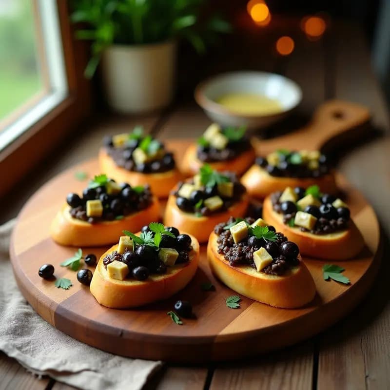 Bruschettas de pan de maíz dorado tostado con una generosa capa de tapena de aceitunas negras y alcachofa, decoradas con perejil fresco y un hilo de aceite de oliva virgen extra sobre un fondo de madera rústica.