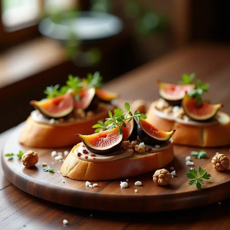Bruschettas de pan baguette tostado con paté de foie gras cremoso, higos caramelizados brillantes, queso de cabra desmenuzado y nueces picadas, presentadas en una tabla de madera rústica con un hilo de vinagre balsámico reducido.