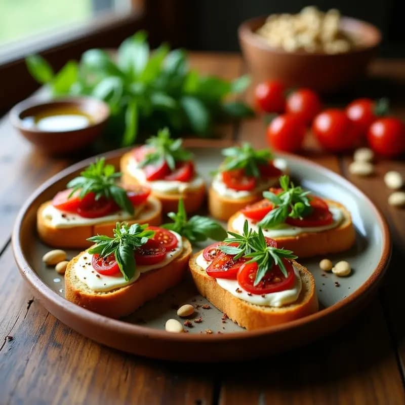 Bruschettas italianas con tomates secos y queso de almendras sobre pan rústico tostado, decoradas con albahaca fresca, piñones y rúcula, aperitivo sin lácteos.