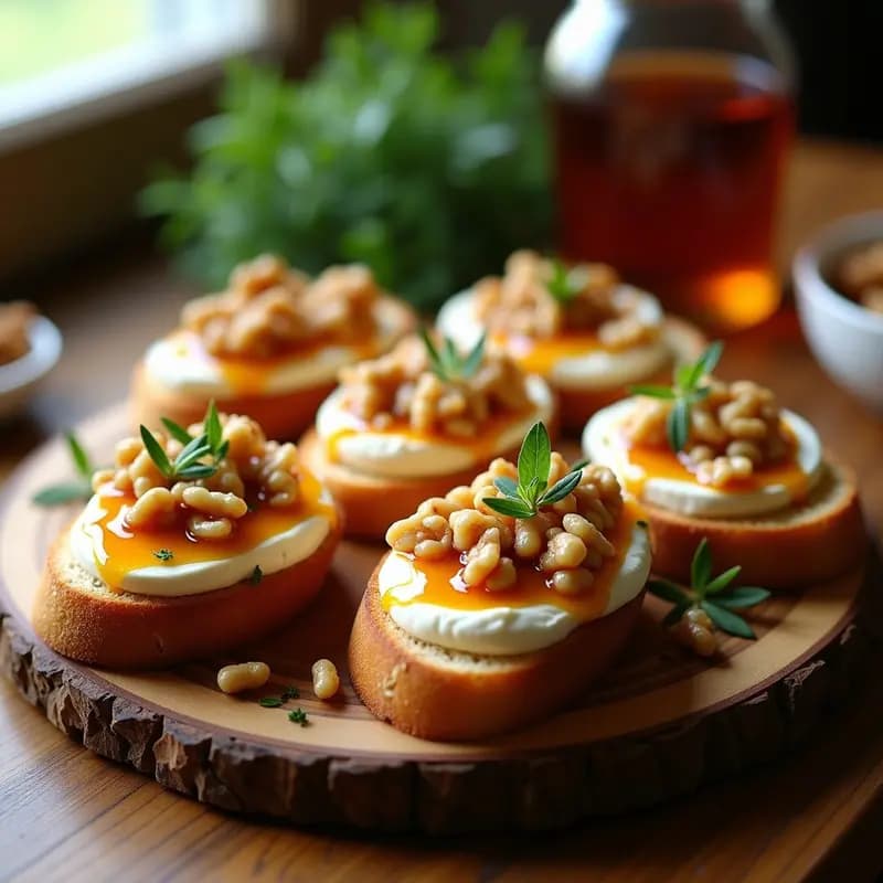 Bruschettas de ricotta y miel con nueces en airfryer: pan ciabatta tostado crujiente con ricotta cremosa, nueces troceadas, miel de romero y hojas de menta fresca, servidas en una tabla de madera rústica.