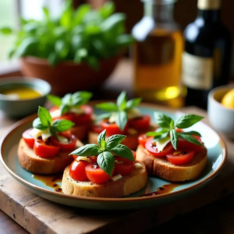 Bruschettas de tomate y albahaca con vinagre balsámico sobre pan de trigo sarraceno tostado, decoradas con hojas de albahaca fresca y un hilo de reducción de vinagre balsámico brillante, servidas en una tabla de madera rústica.