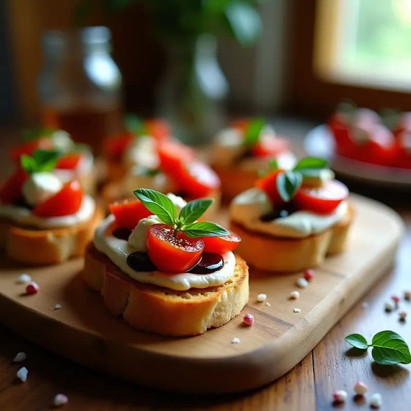 Bruschettas gourmet italianas con tomate confitado en miel de romero, cubos de mozzarella de búfala cremosa, hojas de albahaca morada y un hilo de vinagre balsámico reducido sobre pan ciabatta tostado y frotado con ajo negro. Plato elegante con fondo rústico.