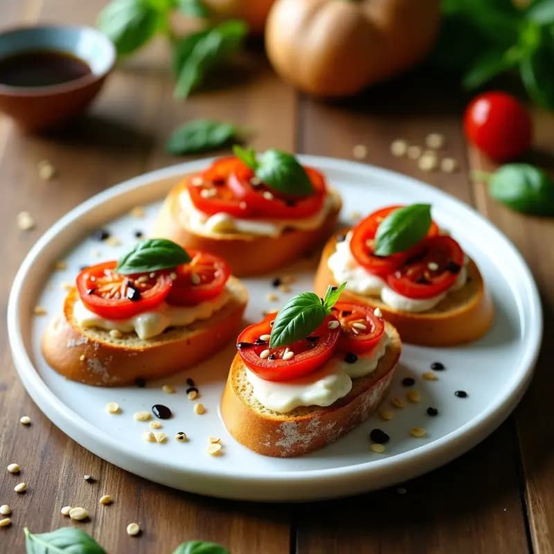 Bruschettas italianas sin gluten con tomate confitado y queso de almendras cremoso, decoradas con albahaca fresca, semillas de sésamo y vinagre balsámico glacé sobre pan tostado dorado.