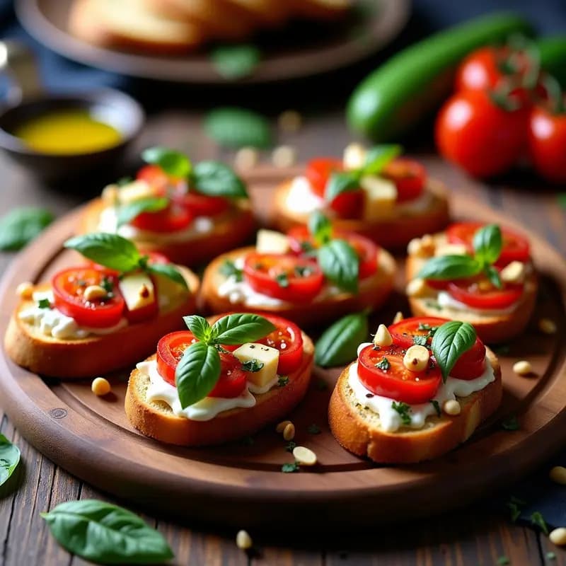 Bruschettas de tomate confitado y queso de búfala sin gluten sobre tabla de madera rústica, con bases doradas de harina de garbanzo, tomates cherry confitados brillantes, queso de búfala cremoso y hojas de albahaca fresca, rociadas con vinagre balsámico y aceite de oliva.