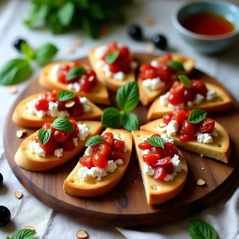 Bruschettas de pan de harina de garbanzo tostado con topping de tomate seco y aceitunas Kalamata machacadas, decoradas con almendras fileteadas, eneldo fresco y sal marina en escamas. Plato rústico de madera con fondo oscuro.