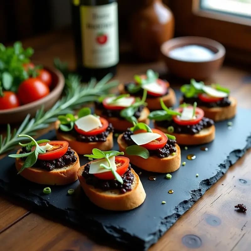 Bruschettas de tomate seco y aceitunas negras sobre crackers de semillas de lino y chía, decoradas con albahaca fresca y anacardos picados, aperitivo italiano sin horno.