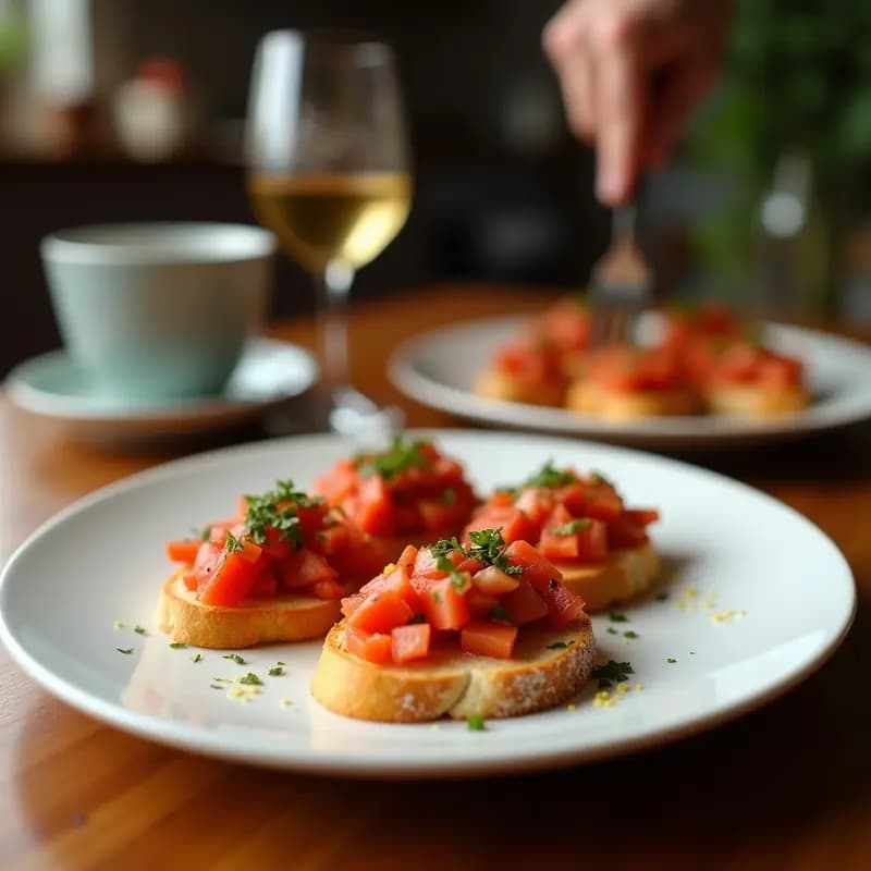 Bruschettas de tomate seco y anchoas sobre pan ciabatta tostado, con toques de orégano fresco y aceite de oliva virgen extra, servidas en una tabla de madera rústica. Receta italiana rápida con toque umami.