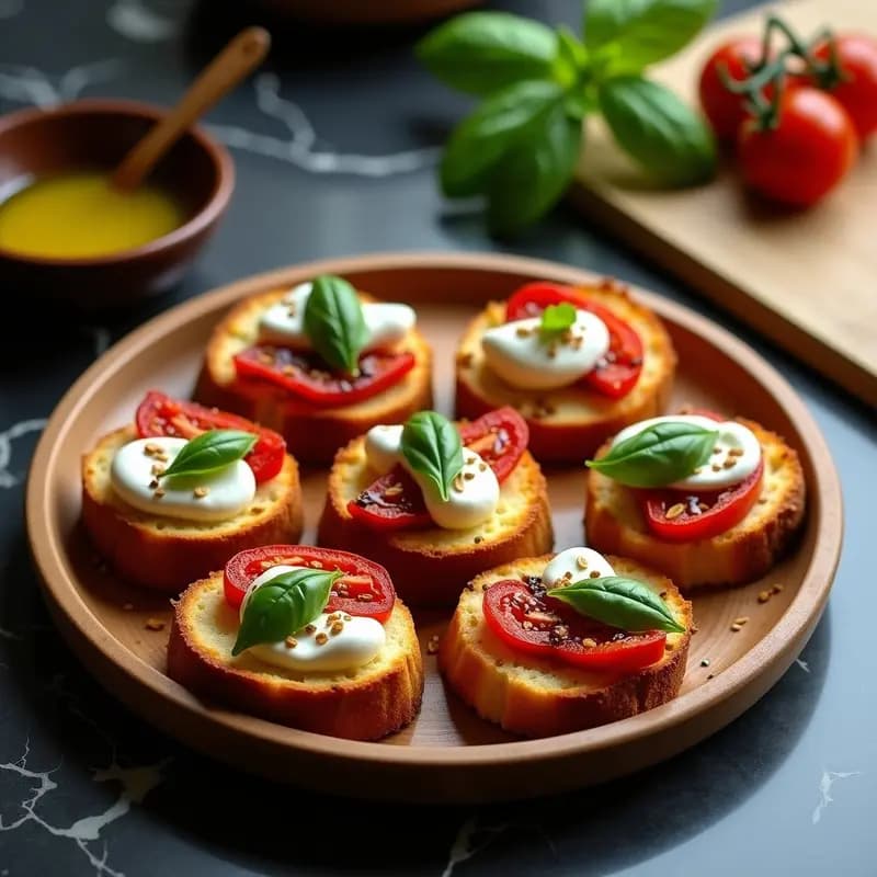 Bruschettas de pan de masa madre tostado en airfryer, cubiertas con tomate seco en aceite, buratta cremosa desmenuzada, albahaca fresca, piñones tostados y un hilo de vinagre balsámico, servidas en una tabla de madera rústica.