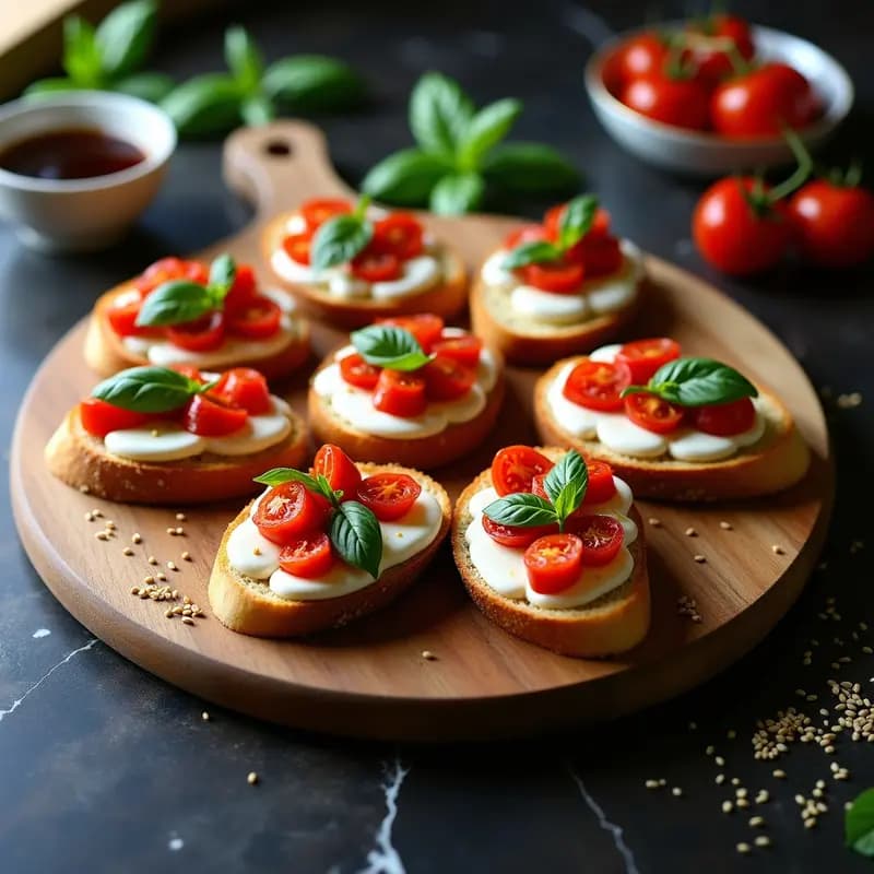 Bruschettas de pan de centeno tostado con burrata cremosa, tomate seco marinado y hojas de albahaca fresca, servidas en una tabla de madera rústica con semillas de sésamo espolvoreadas.