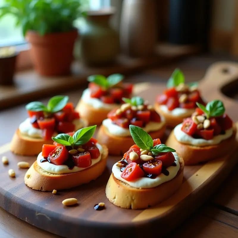 Bruschettas de pan de masa madre tostado con queso burrata desmenuzado, tomate seco picado, hojas de albahaca fresca, piñones tostados y un hilo de vinagre balsámico glacé, servidas en una tabla de madera rústica.