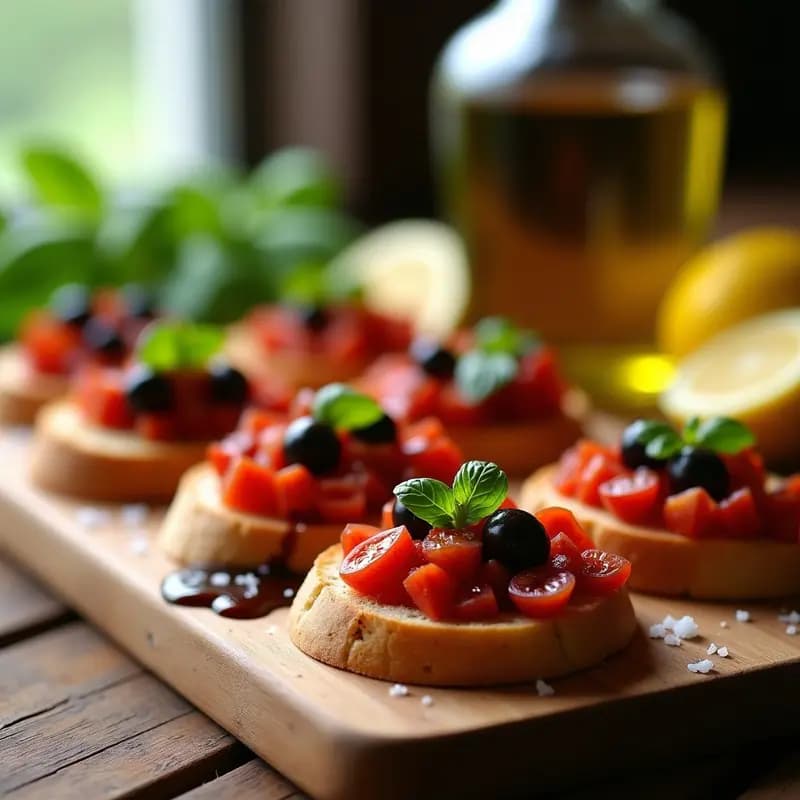 Bruschettas de tomate seco y olivas Kalamata sin gluten sobre tabla de madera rústica, con pan tostado dorado, mezcla colorida de tomate y aceitunas, y hojas de albahaca fresca como decoración.