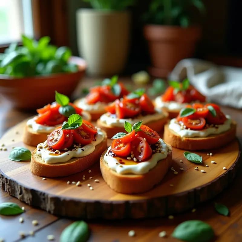 Bruschettas de pan de centeno tostado con capas de ricotta de almendras cremosa y tomate seco picado, decoradas con albahaca fresca, vinagre balsámico y semillas de sésamo sobre una tabla de madera rústica.