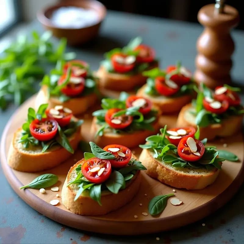 Bruschettas de pan de espelta tostado con ajo y romero, cubiertas de tomate seco en tiras, rúcula fresca, vinagre balsámico en zigzag y almendras fileteadas, servidas en una tabla de madera rústica.