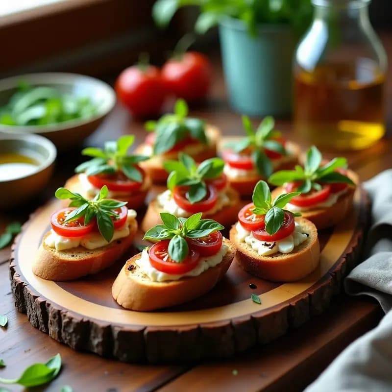 Plato de madera rústico con bruschettas de pan ciabatta tostado, tomate seco en tiras, rúcula fresca, almendras fileteadas y queso pecorino en escamas, bañadas con aderezo de limón y miel, aperitivo italiano ligero y fresco.