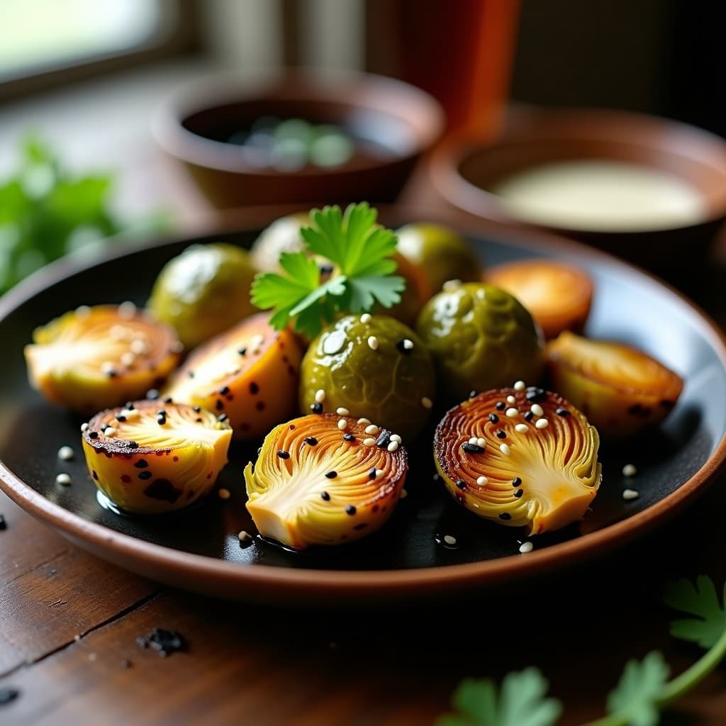 Brotas de bruselas doradas y crujientes en airfryer, bañadas en glaseado de miso y espolvoreadas con semillas de sésamo negro y blanco. Plato japonés vegano con fondo rústico y hierbas frescas.