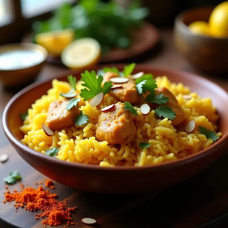 Plato hondo de cerámica blanca con Bryani de Pollo y Azafrán: arroz basmati dorado en capas con trozos de pollo, decorado con almendras tostadas, cilantro fresco y hebras de azafrán, servido con rodaja de limón.