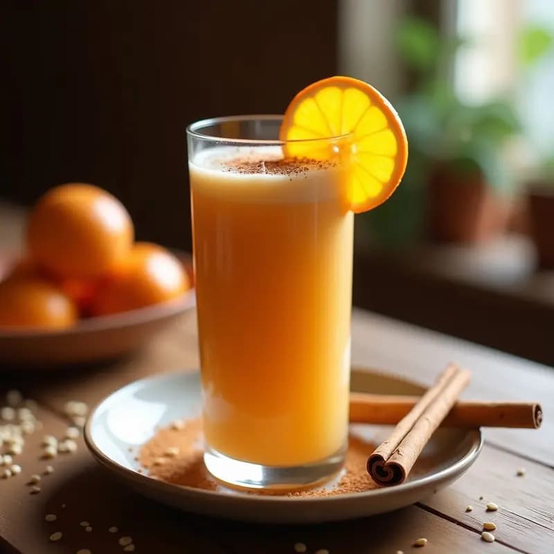 Vaso alto transparente con Bskihwin marroquí, batido energético de color naranja claro con semillas de chía visibles, decorado con una pizca de canela en polvo y una rodaja de naranja al borde. Fondo rústico con especias y naranjas frescas.