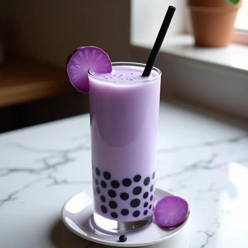 Vaso alto transparente con Té de Bubble Milk con Tapioca de Camote, mostrando capas de té negro oscuro, leche de coco cremosa y perlas moradas de tapioca en el fondo, decorado con hielo triturado y un toque de canela en polvo.