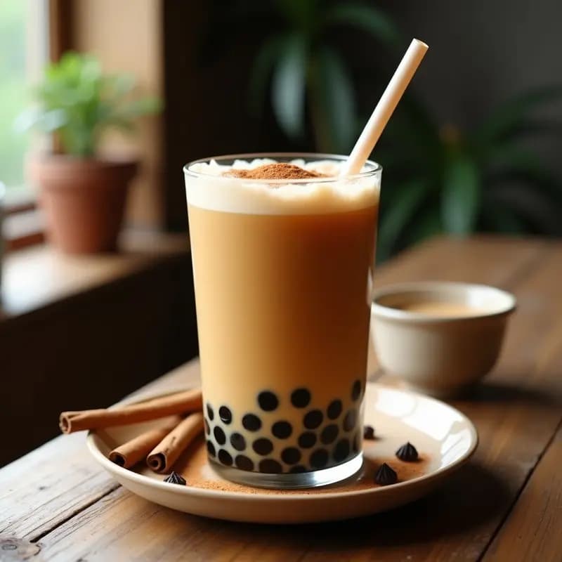 Vaso alto transparente con bubble tea de té chai y leche baja en calorías, perlas de tapioca negras en el fondo, líquido dorado espumoso, pajita ancha y un toque de canela en polvo en la superficie, sobre fondo de madera rústica.
