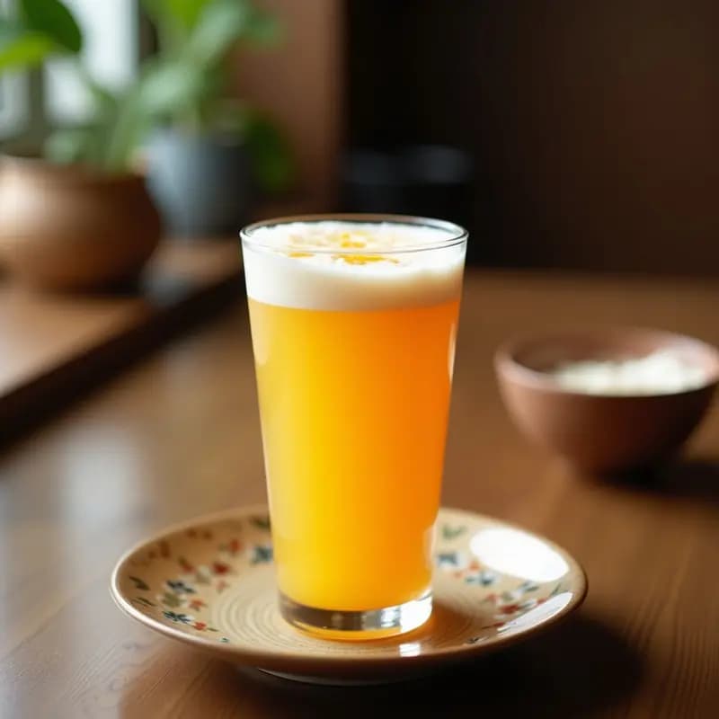 Vaso alto transparente con Bubble Tea de mango y chía con leche de coco, perlas de chía hidratadas en el fondo, puré de mango cremoso, hielo picado y decoración de cubos de mango fresco en la parte superior. Pajita ancha de metal y fondo borroso con tonos tropicales.