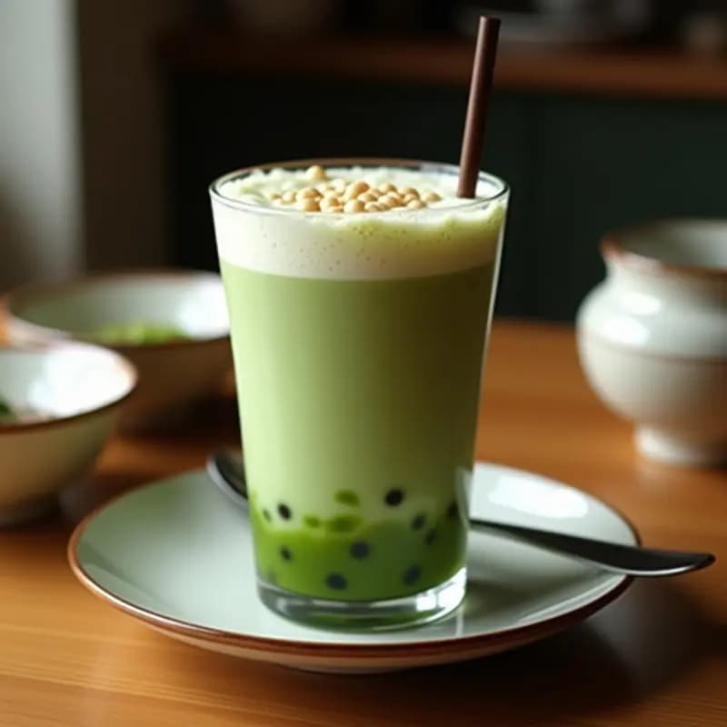 Vaso transparente alto con Bubble Tea de Matcha y Coco sin azúcar, mostrando capas de líquido verde esmeralda y burbujas de chía negra en la superficie, con hielo y una pajita ancha. Fondo con ingredientes como semillas de chía, matcha en polvo y leche de coco.