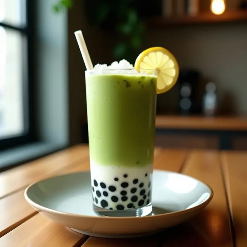 Vaso alto transparente con bubble tea de matcha y leche de almendras, mostrando capas verdes y blancas, perlas de tapioca negras en el fondo y hielo picado, decorado con una pajita ancha y una rodaja de limón.