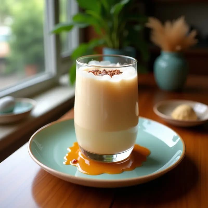 Vaso alto transparente con Bubble Tea de Taro y Leche de Coco, color morado vibrante, perlas de tapioca blancas en el fondo, pajita ancha negra y hielo picado. Fondo borroso con ingredientes como taro morado fresco y coco rallado.
