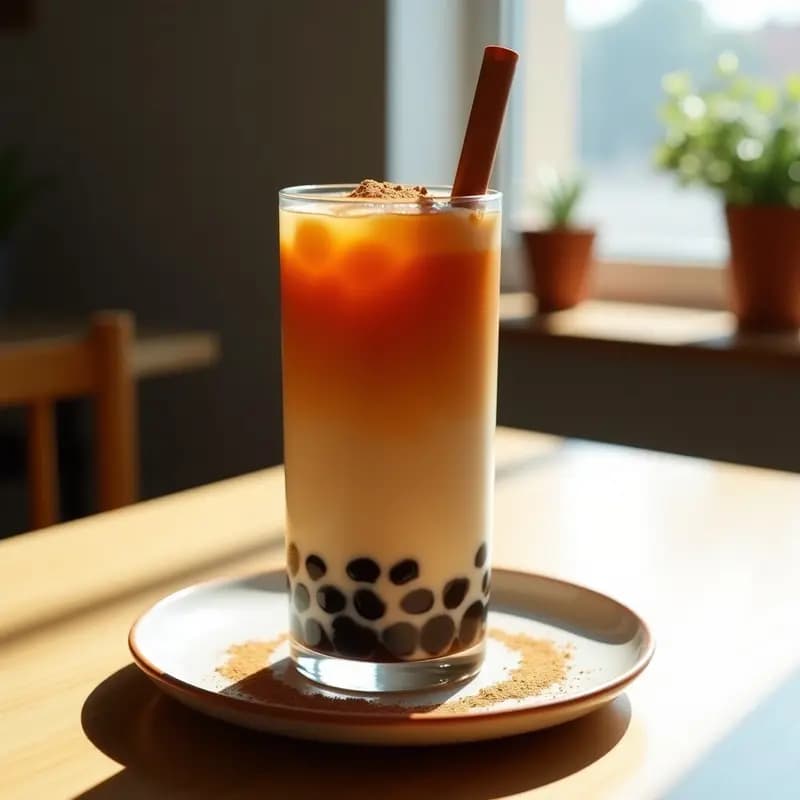 Vaso alto transparente con Bubble Tea de té negro y leche de avena, capas visibles de líquido oscuro y claro, bobas de chía en el fondo, pajita ancha y espolvoreado de canela en la superficie. Bebida taiwano-estilo vegana refrescante.