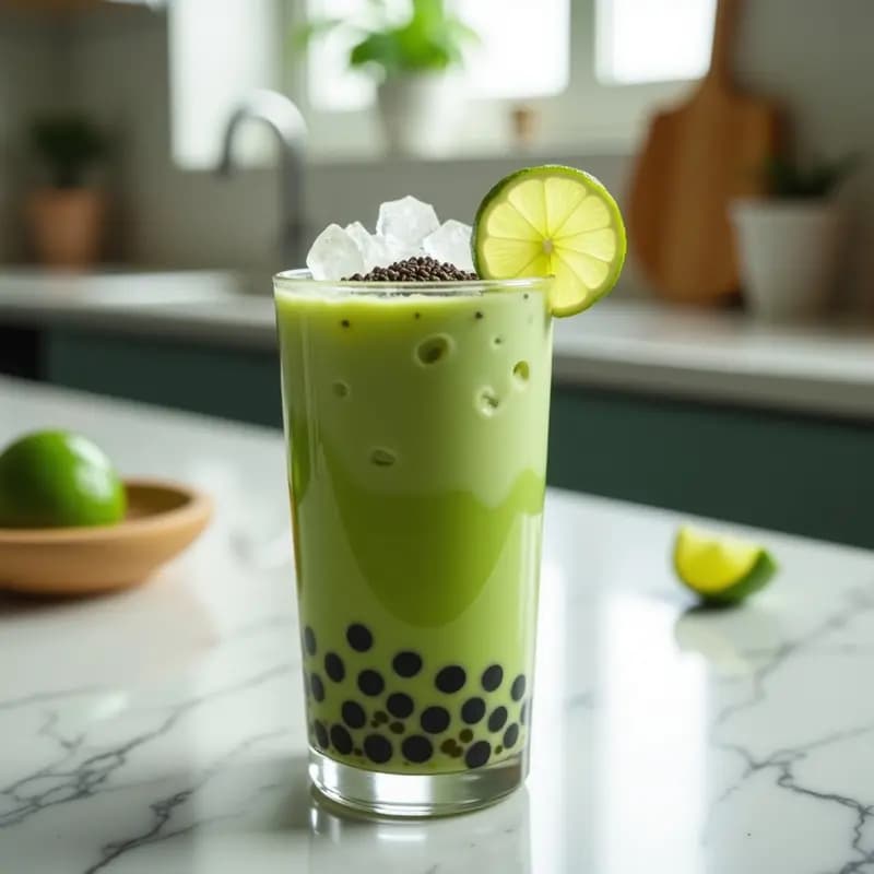 Vaso alto transparente con Bubble Tea de té verde y chía sin azúcar, mostrando capas de gel de chía, té matcha verde vibrante y leche de coco, con una pajita ancha y hielo picado. Bebida taiwanesa refrescante y rica en fibra.